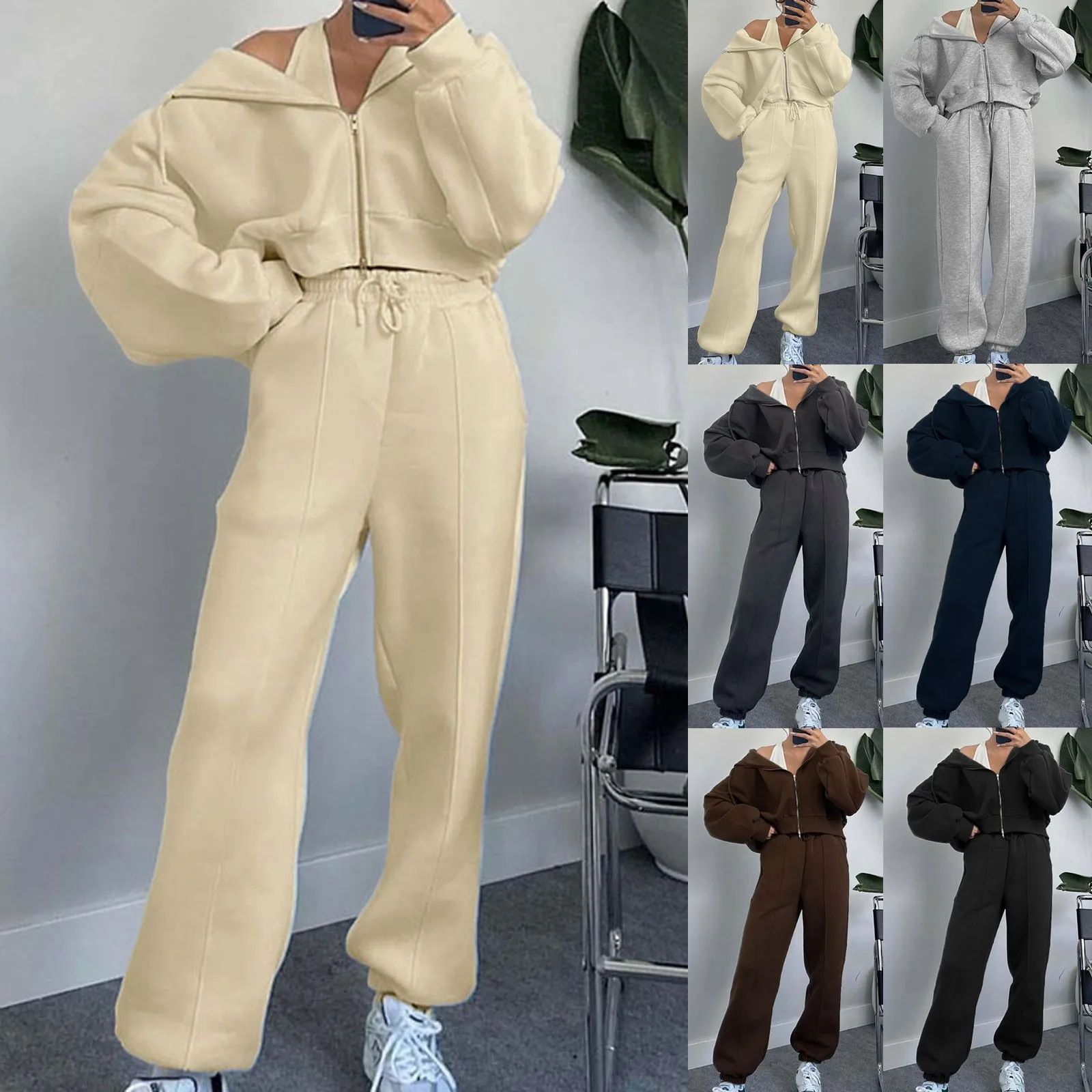 

Sets For Women Long Sleeves Zipper Hooded Cardigan Sweatshirt Suit Fall Winter Solid Sporty Drawstring Pant Casual 2 Pieces Sets