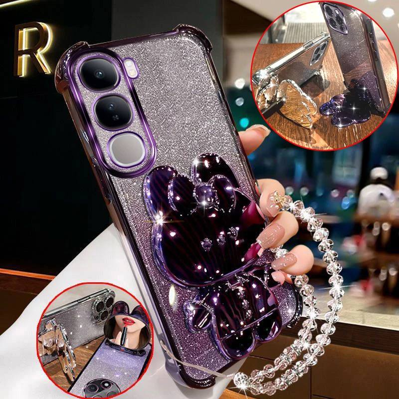 

V40lite V50 Fashion Case For Vivo V40 Lite V30 V30e V29 V29e Rabbit Makeup Mirror Stand Holder with Bracelet Shockproof Cover