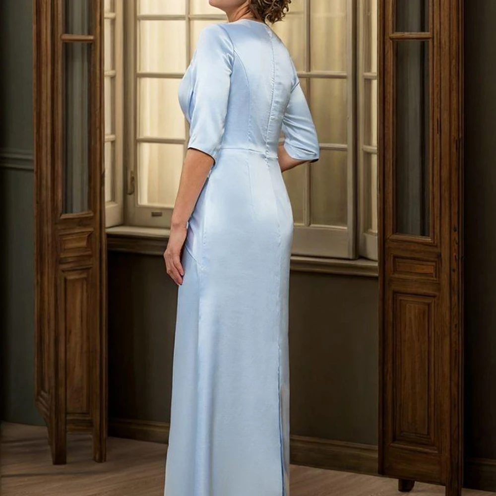 Temperament Back Slit Light Blue Pleats Half Sleeves Prom Gowns Graceful A-Line Crew neck Satin Party Gowns Saudi Arabia 2024