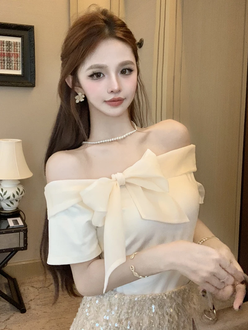

Sweet And Spicy Style Knot Short Sleeve Shoulder Bared Slim Fit Summer Sexy Pure Desire Women's T Shirt