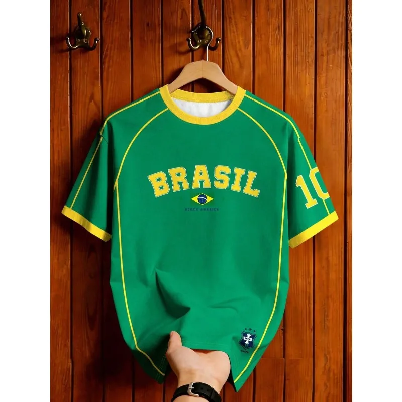 Kids Brazil Football T-Shirt Soccer Jersey Retro Stripe Print Breathable Quick Dry Training Tee Fan Sport Top Men Women New