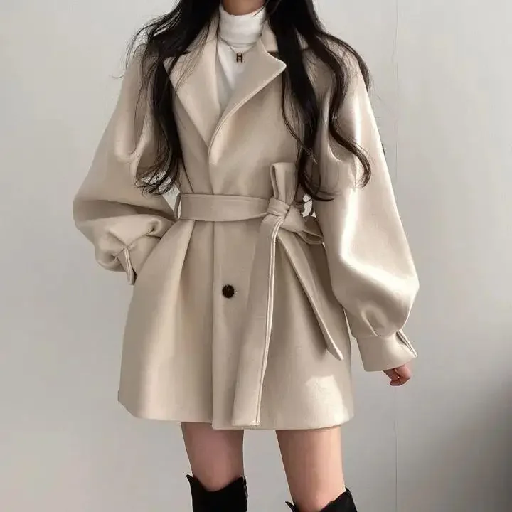 New Korean version autumn and winter clothing strap temperament small suit collar Hepburn style medium and long woolen women's