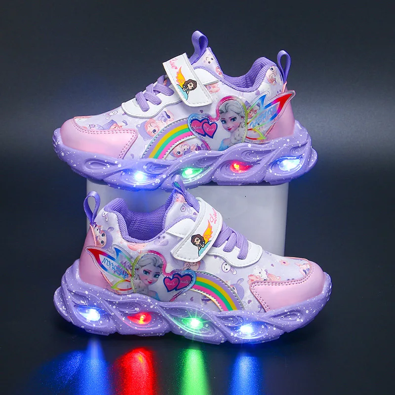 Scarpe da ragazza Disney luci a Led scarpe traspiranti in rete autunnale scarpe sportive da ragazza in pelle congelata viola rosa principessa Elsa