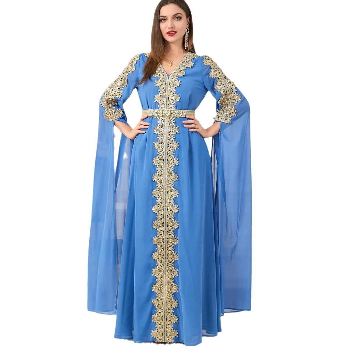 Muslim Dresses for Women Summer Elegent Muslim Long Sleeve V-neck Polyester Party Evening Long Dresses Robes Kaftan Muslim Abaya