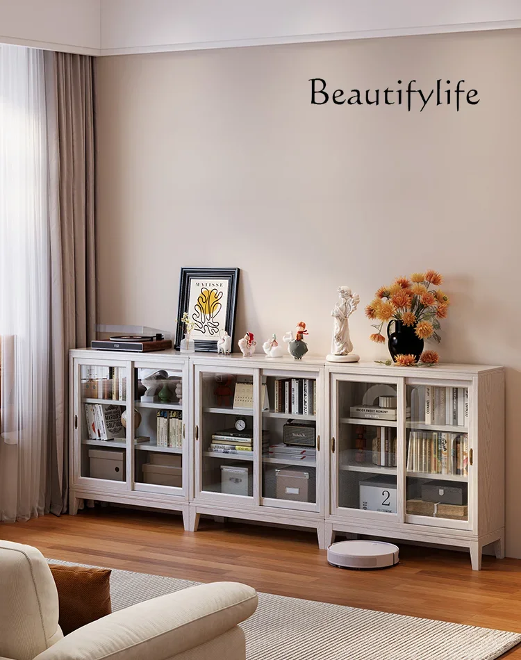 Living Room Low Bookcase Locker Integrated Household Glass Door with Door Solid Wood Sliding Door Bookshelf Floor