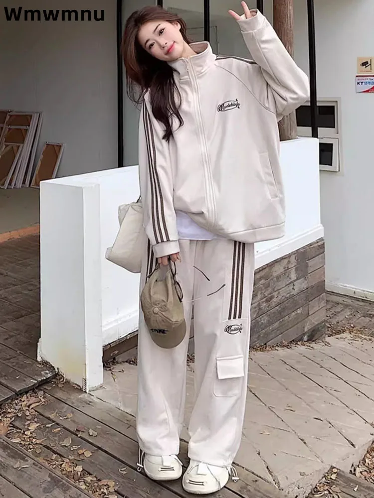 

Baggy Fashion Sports Suit Women's Casual Loose Lapel Zipper Top Two-Piece Set Straight High Waist Korean Pants Conjuntos