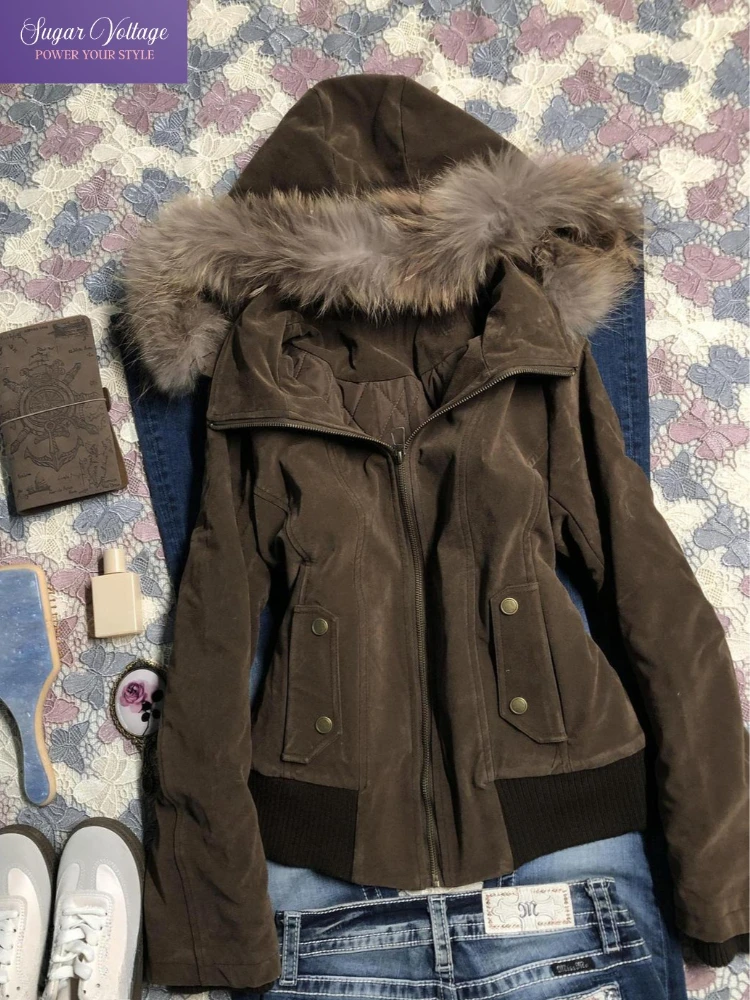 

Зимняя американская винтажная модная куртка с капюшоном в стиле Харадзюку, женская тонкая коричневая куртка с меховым воротником, короткое пальто, повседневная уличная одежда, шикарная верхняя одежда