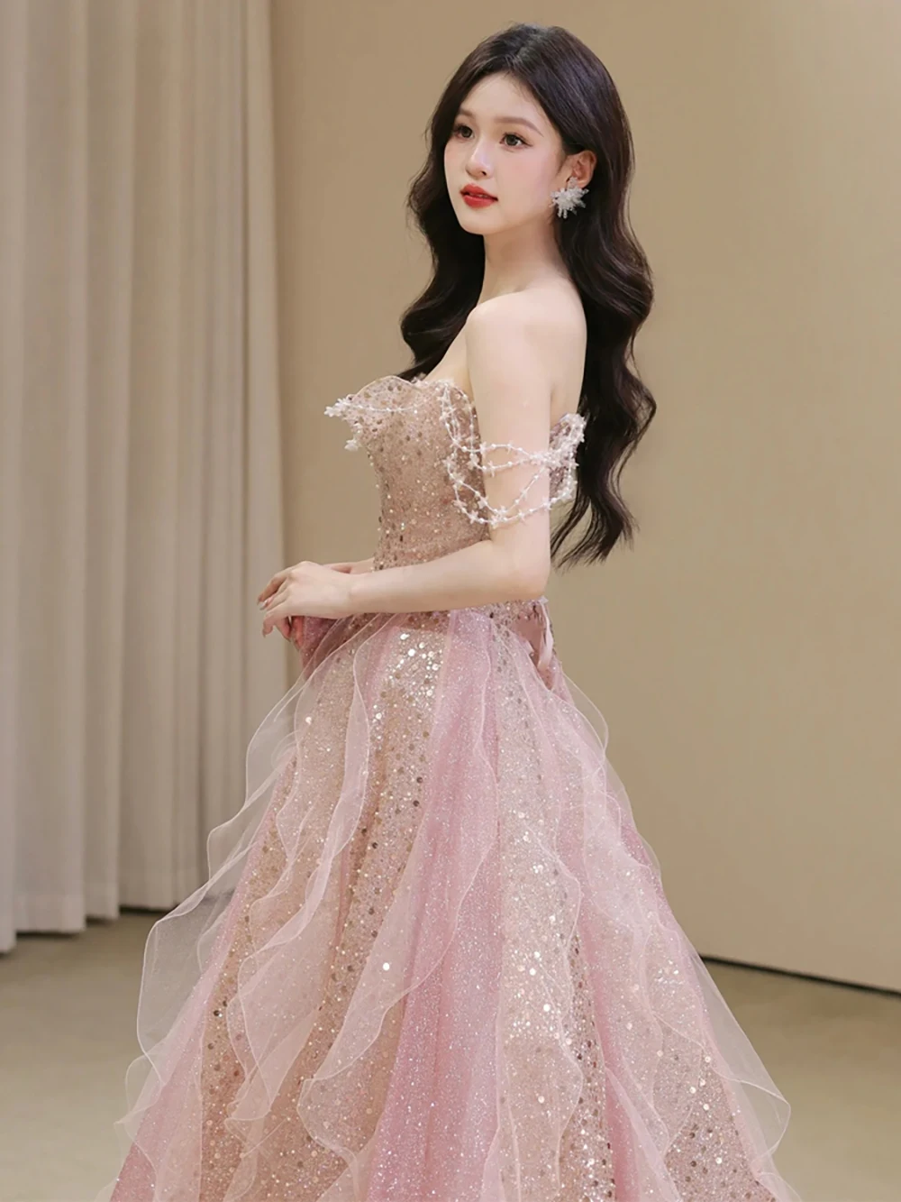 Shiny Pink Evening Dress Women Luxury Strapless Bow Glitter Princess Ball Gown Lady Engagement Banquet Sequin Formal Dresses