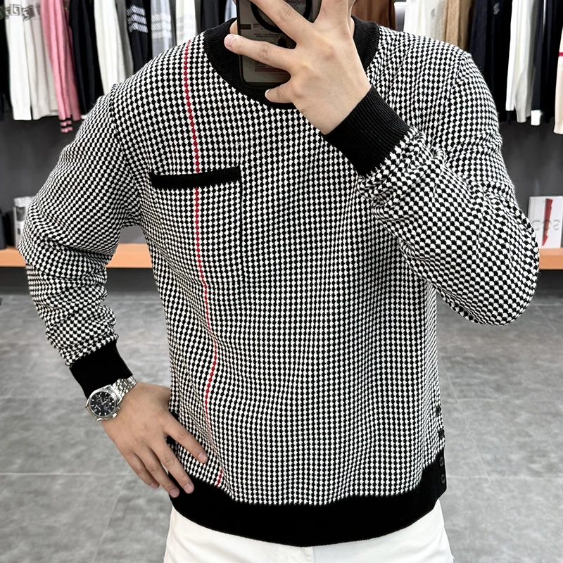 

Классический клетчатый вязаный свитер для мужчин, весна 2026, повседневные деловые свитера с длинными рукавами, модный универсальный социальный вязаный пуловер