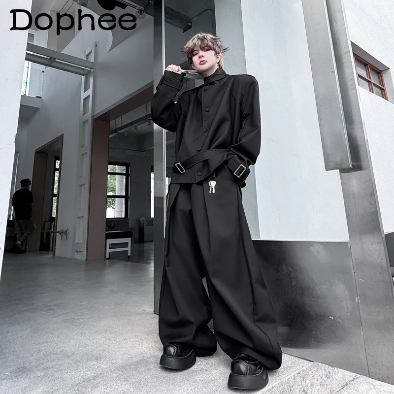 

Men's 2025 Autumn New 2pcs Fashion Button Belt Decoration Design Jackets Men's High-end Stylish Wide-leg Trendy Long Pants Sets