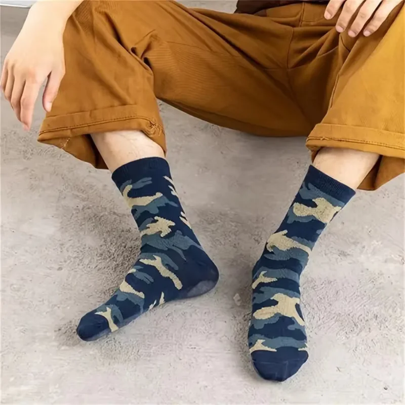 3Pairs Men Camouflage Mid Tube Socks Fashionable Street Style Odor Proof Sweat Absorbing Breathable All Season Casual