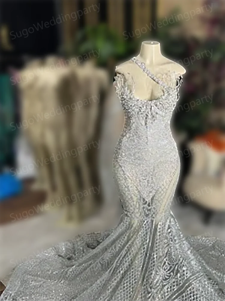 Silver Marriage Dress Strapless Mermaid Wedding Party Prom Gowns Sequins Sparkle Beads Wedding Dress Bling Bridal Gowns