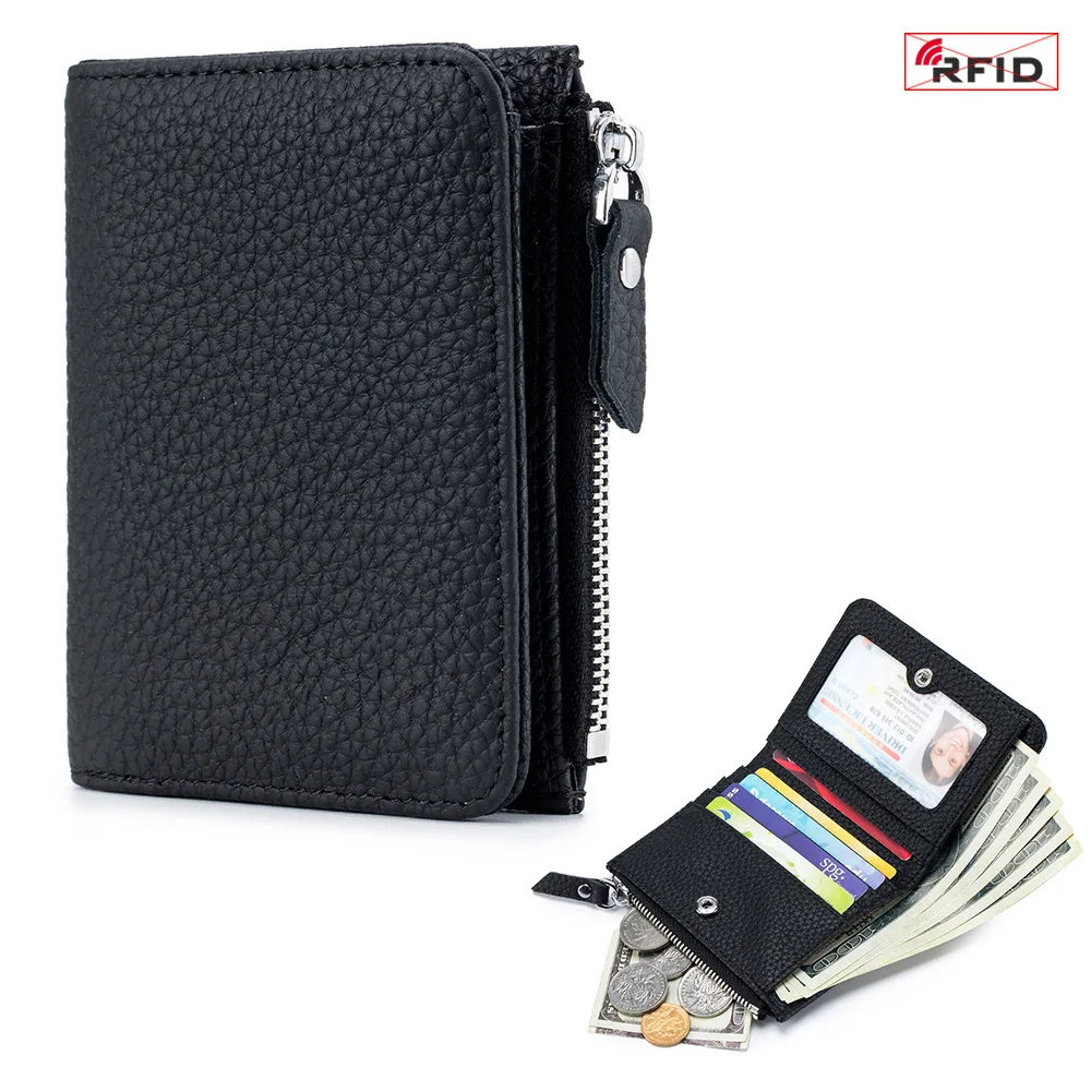 

Genuine Leather Wallets for Women Fashion Short Rfid Credit Card Holder Portable Lady Coin Purses Clutch Zipper Bag