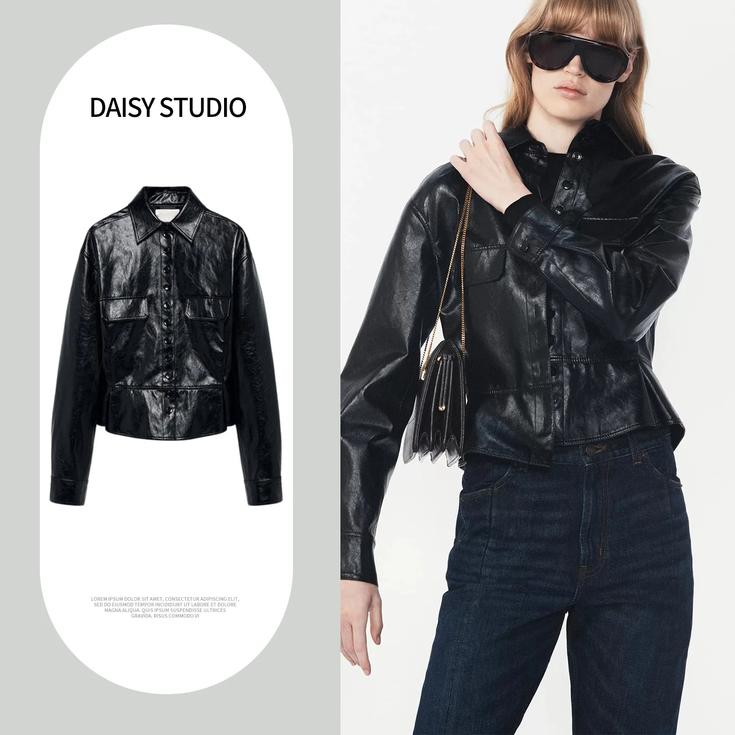 New Summer Women's Long Sleeve Turn-down Collar PU Leather Effect Skirt Jacket Nine Points Commute Style Loose Fit Polye...
