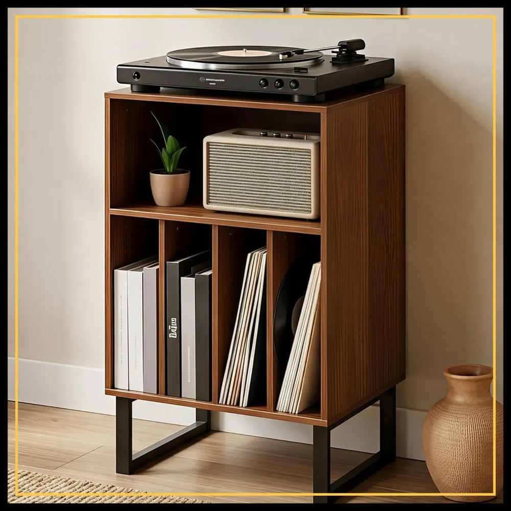 

Record Player Stand with Vinyl Storage Cabinet, Turntable Table for Albums & LPs - Modern Media Console, Dark Walnut