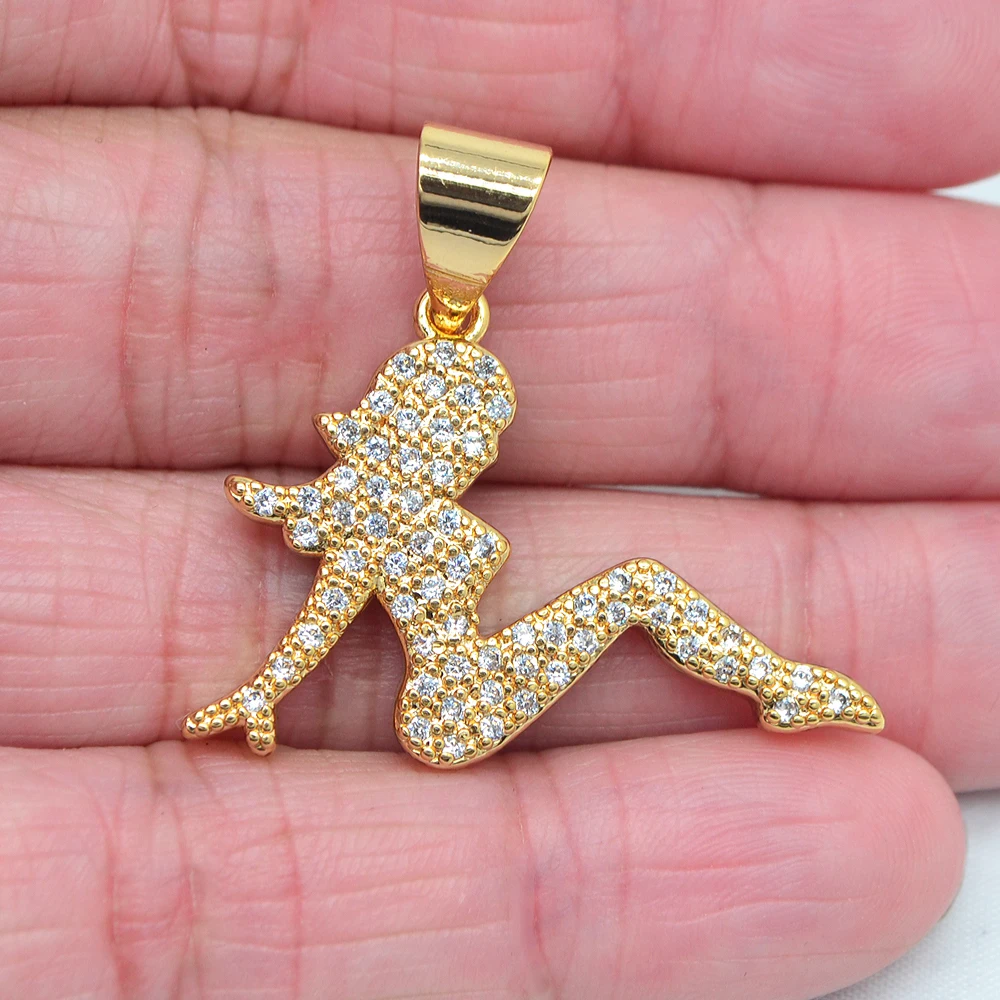 High Quality Gold Color Clear Cubic Zirconia Bling Hip Hop Dancing Girl Charm Pendant Jewelry