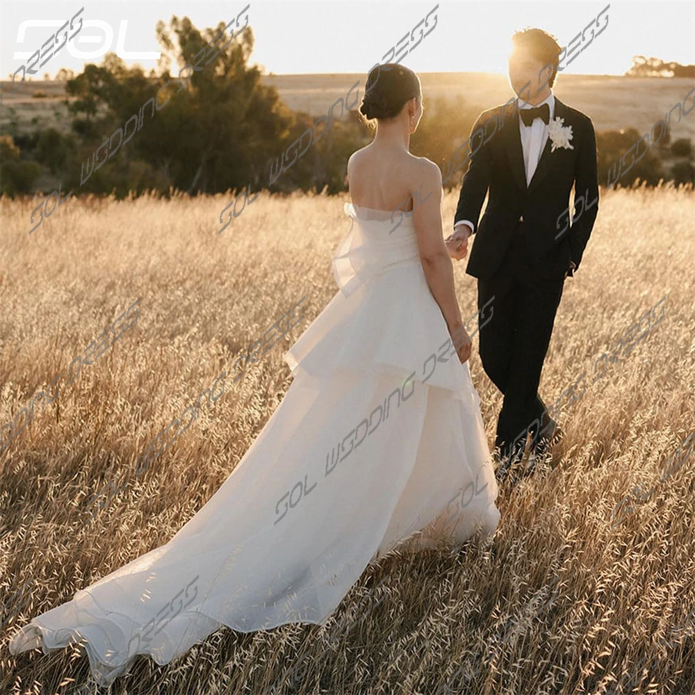 Sol gaun pernikahan sederhana tanpa tali Satu bahu Tulle untuk wanita elegan Back Up A-Line panjang selantai gaun pengantin Robe De Mariee