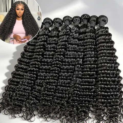 34 36 Inch Deep Wave Human Hair Bundles Curly Hair Weaving Raw Unprocessed Tissage Double Weft Virgin Hair Extensions