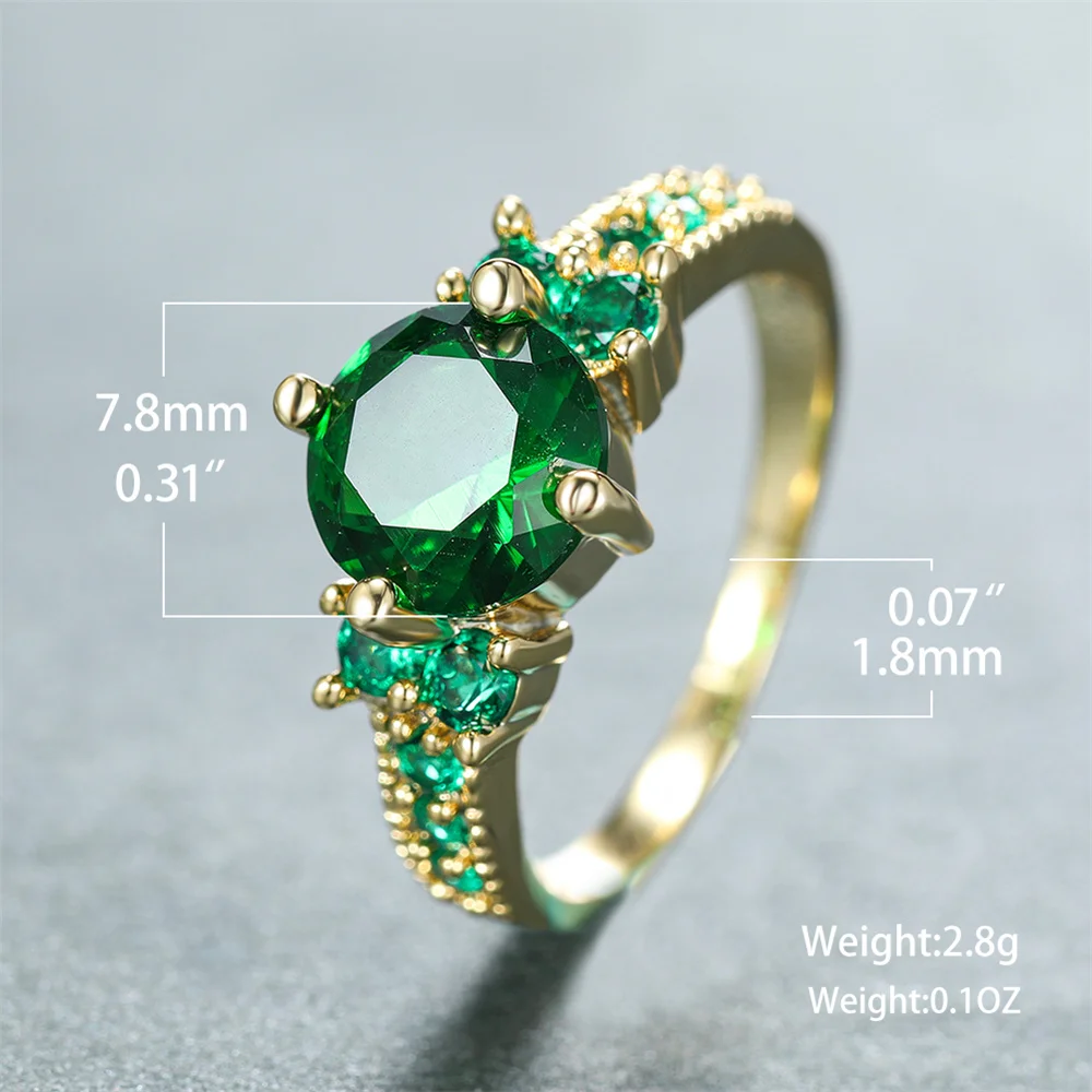 Classic Round Green Crystal Rings For Women Vintage Gold Color May Birthstone Wedding Band Engagement Jewelry Mother\'s Day Gifts