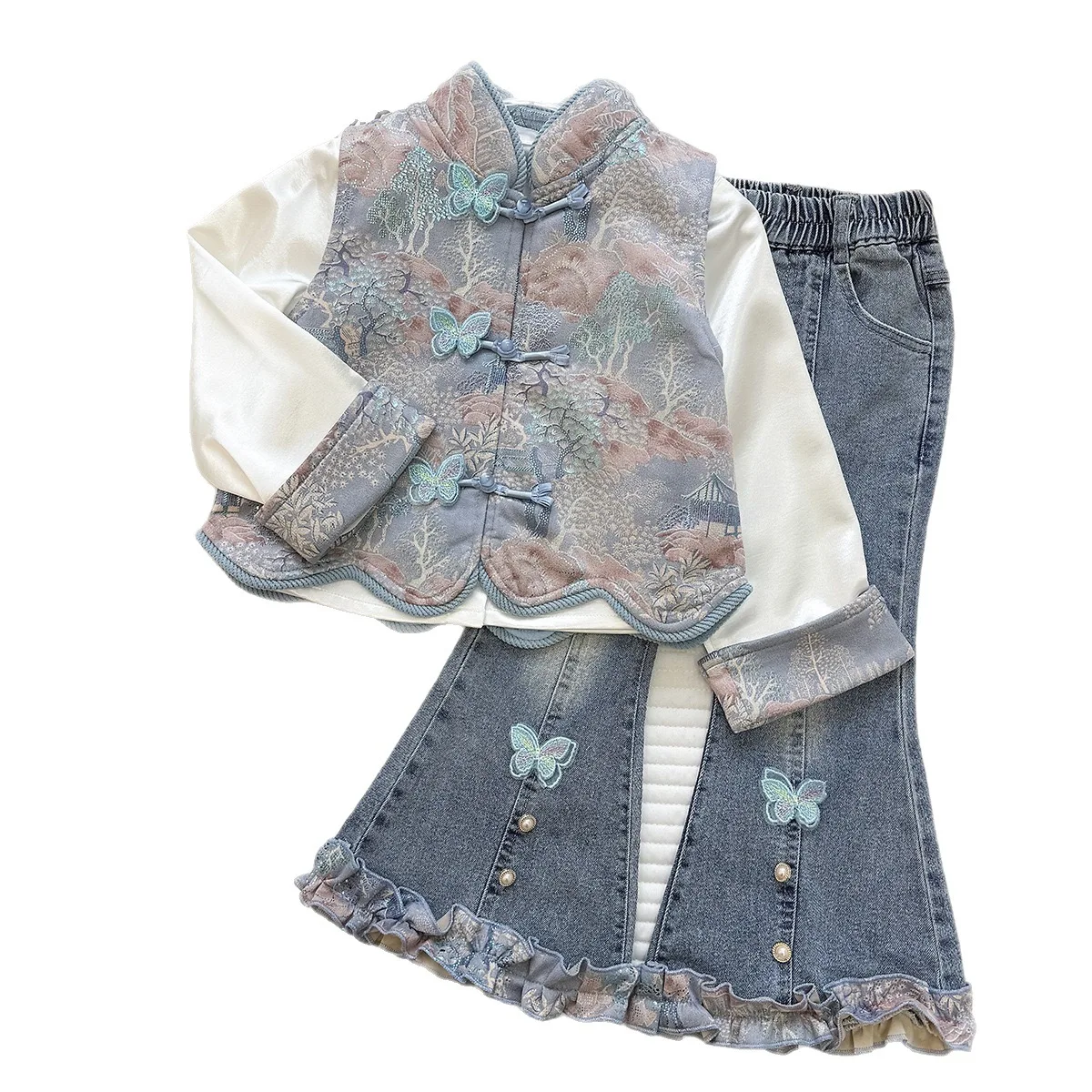 2026 Spring Autumn Girls 3Pcs Outfit, New Chinese Style Long Sleeve Undershirt Jacquard Vest & Jeans Set for 90-150cm