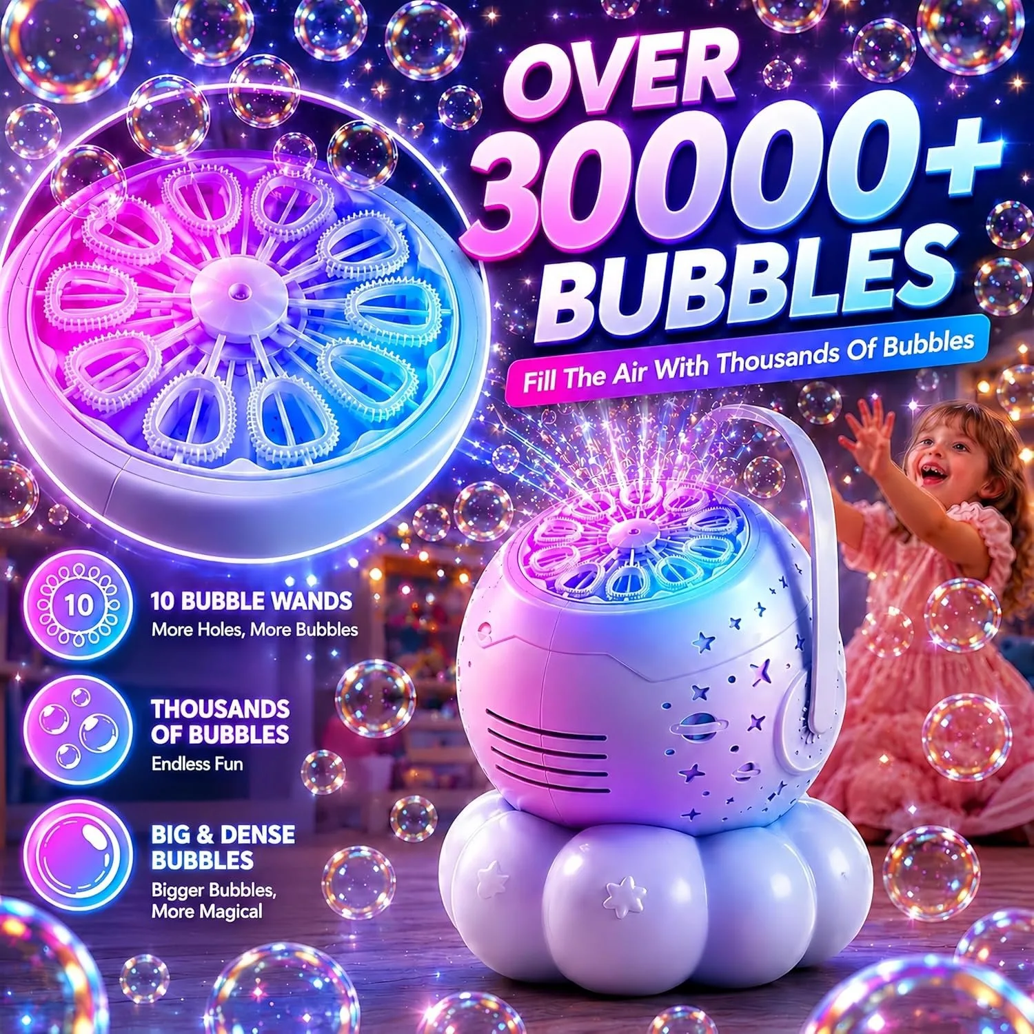 Bubble Machine for Kids,  7 Night Light Star Projector, 30000+Bubbles, 600ml Large Capacity Electric Bubble Blower Toy for Birth