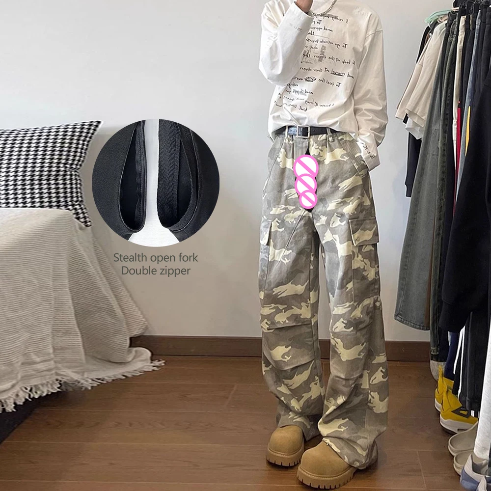 

Невидимые брюки-карго с открытой промежностью, мужские модные камуфляжные брюки с карманами, свободные повседневные брюки десантника