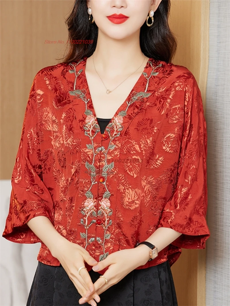 

2024 chinese ethnic hanfu tops national flower embroidery satin jacquard folk blouse oriental improved v-neck retro cardigan