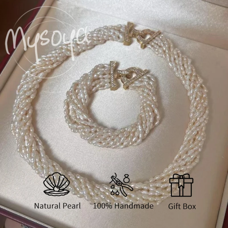 

MYSOYA Multi-layer White Baroque Rice Freshwater Pearl Necklace Bracelet 2-3mm With Gift Box For Her/ Him For Birthday Wedding