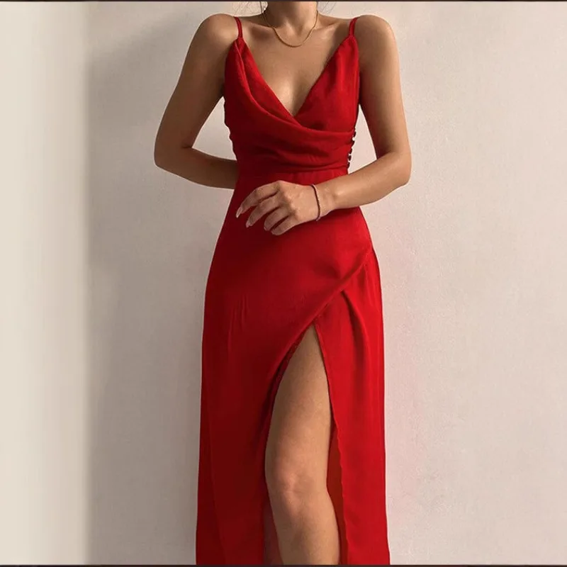 Women Spaghetti Strap Satin Maxi Dress Cowl V Neck Draped Waist High Slit Bodycon Long Dress Wedding Guest Evening Dress