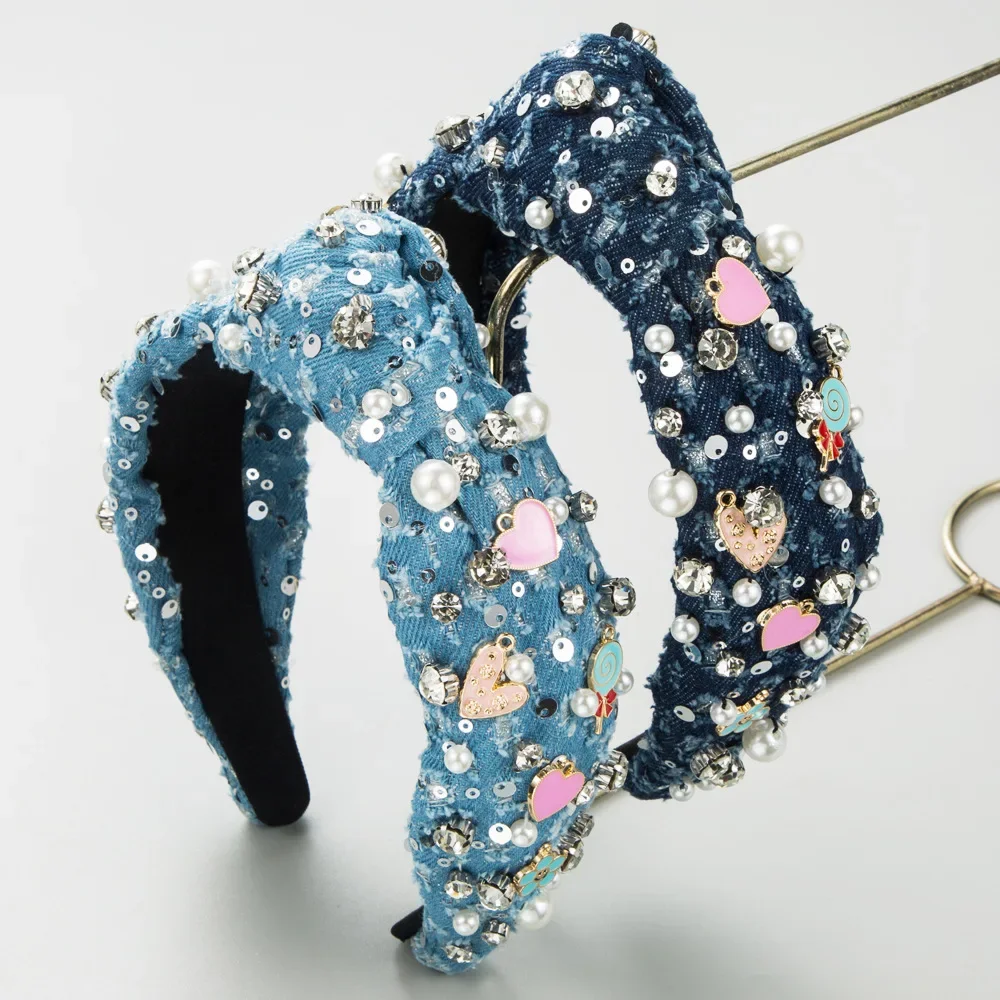 

European and American New Denim Headband Hand-Stitched Pearl Rhinestone Crown Colored Loving Heart Knotted Hairband