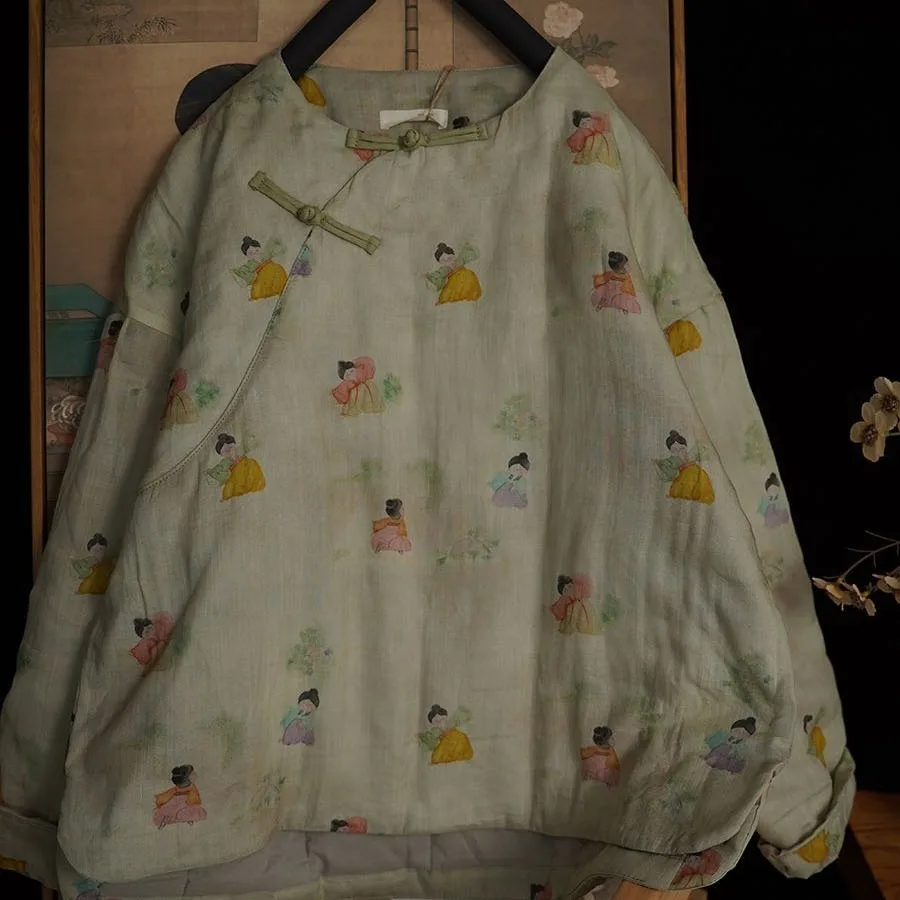 

Retro Chinese Sle Printed Cotton Jaet Women's Winter Warm Outerwear Light Slim Cotton Coat with Button Slanting Collar