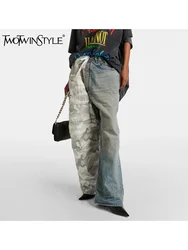 TWOTWINSTYLE Hit Color High Street Designer Loose Denim Pants For Women Spliced Zipper Pocket Wide Leg Long Pants Female Fashion