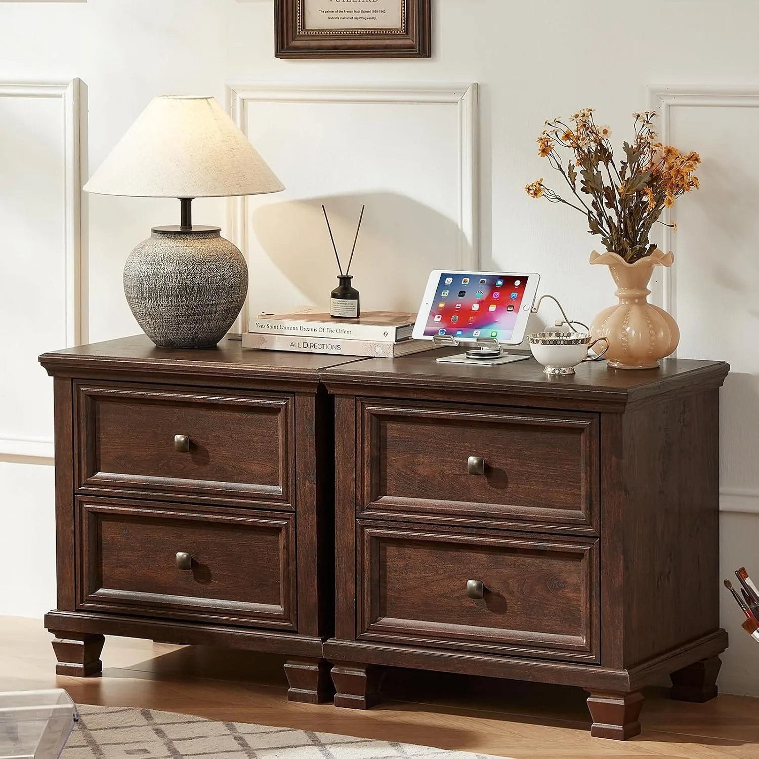 Nightstand Set of 2 with Charging Stations, 2 Drawers, Walnut