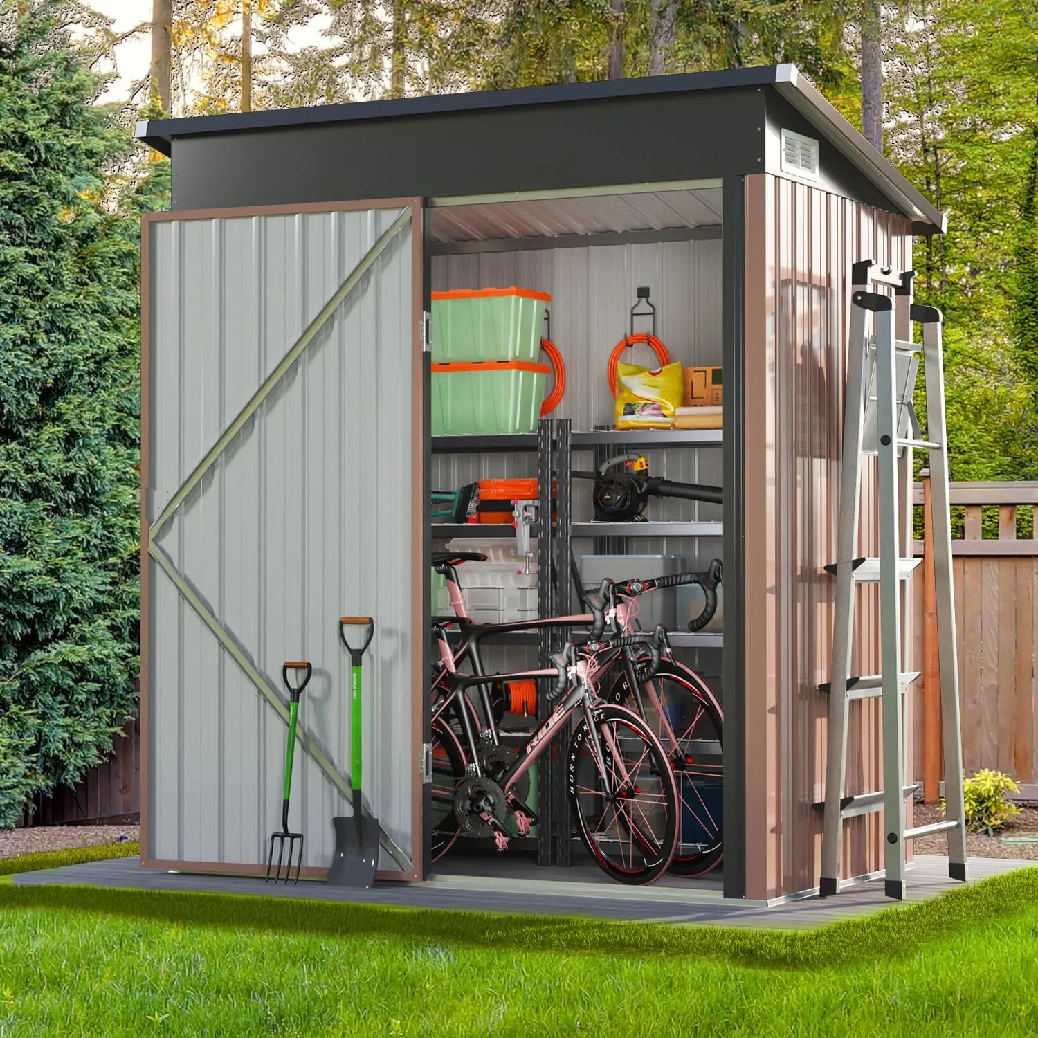 

Shed 5' x 3' Outdoor Shed with Lockable Door Garden Storage Shed for Tools, Bikes, Patio Furniture (Brown)