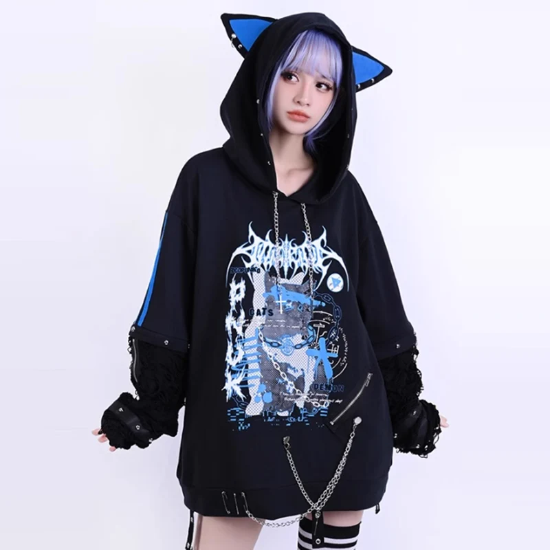 2024 japanische süße Punk-Stil Kapuze Langarm Frauen Hoodie, Mädchen Reiß verschluss Katzen ohren Niet Ketten riemen Unisex Herren Hoodie