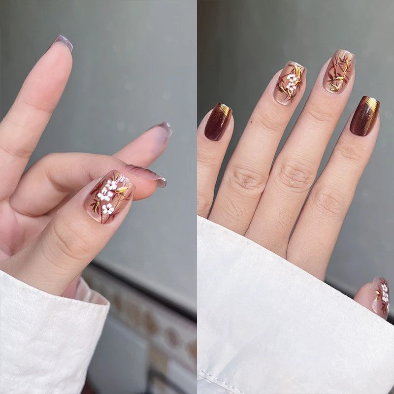 10 قطعة نمط الأوراق والزهور الأظافر وهمية عين القط انفصال Chinoiserie مسمار نصائح قابلة لإعادة الاستخدام البني قصيرة مربع الأظافر كاذبة