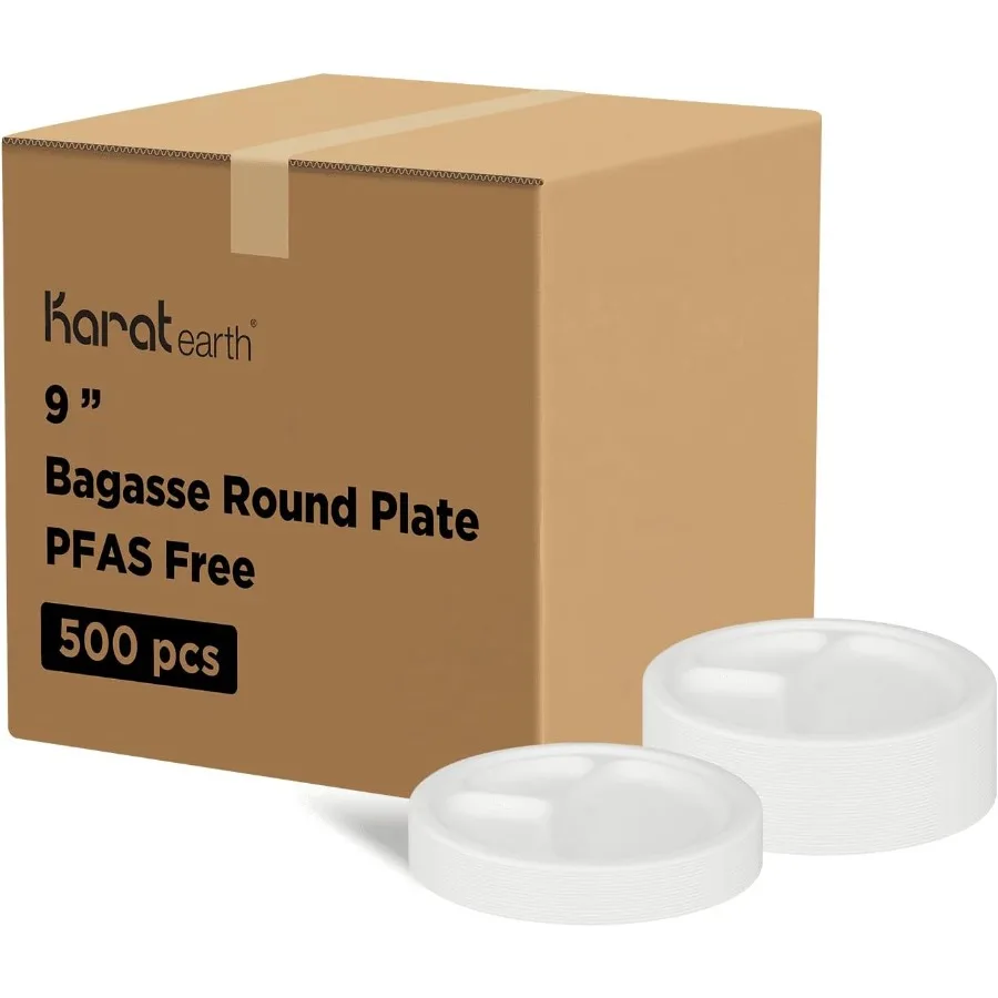 

Bagasse Compostable Plates - Biodegradable, Natural, Microwaveable-Safe, PFAS-Free, 9-Inch, 3 Compartments - Case of 500