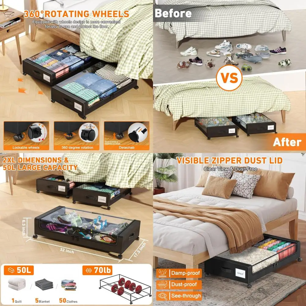 

4-Piece XXL 60L Rolling Underbed Storage Boxes with Clear Tops for Clothes, Shoes, and Toys (Black)