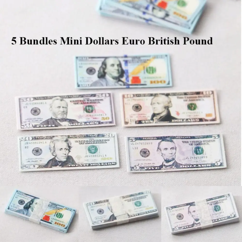 5 pacotes novos 5 estilos mini dólares acessórios de boneca de papel euro britânico libra notas fofas modelo 1/12 decoração de casa de bonecas