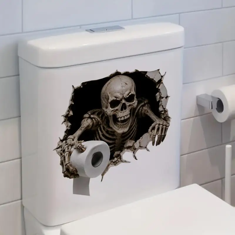 Broken Wall Skeleton Holding Toilet Paper Toilet Tank Sticker Self-Adhesive Removable PVC Spooky Skull Bathroom Decal Wall Deco