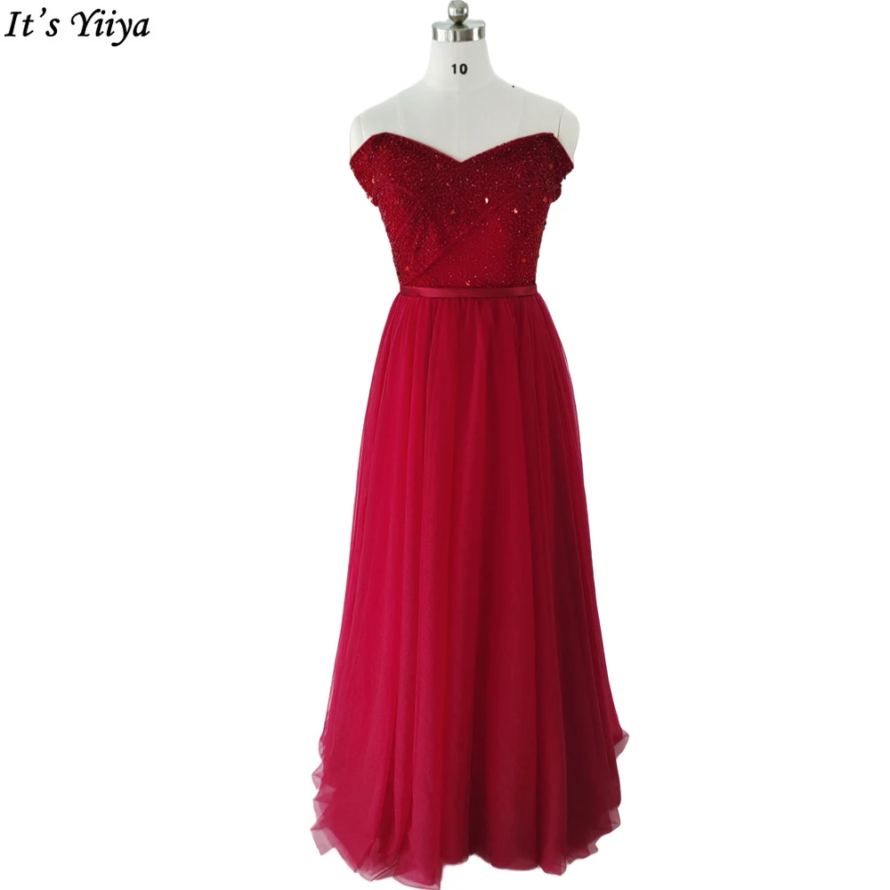 

It's Yiiya Evening Dresses Beading Burgundy Off the Shoulder Short Sleeves Tulle A-line Floor-length Lace up Party Dress E968