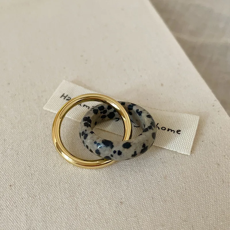Minar INS Fashion Double Layers Spotted Natural Stone Metal Round Circle Cocktail Rings for Women Gold Plated Alloy Finger Ring