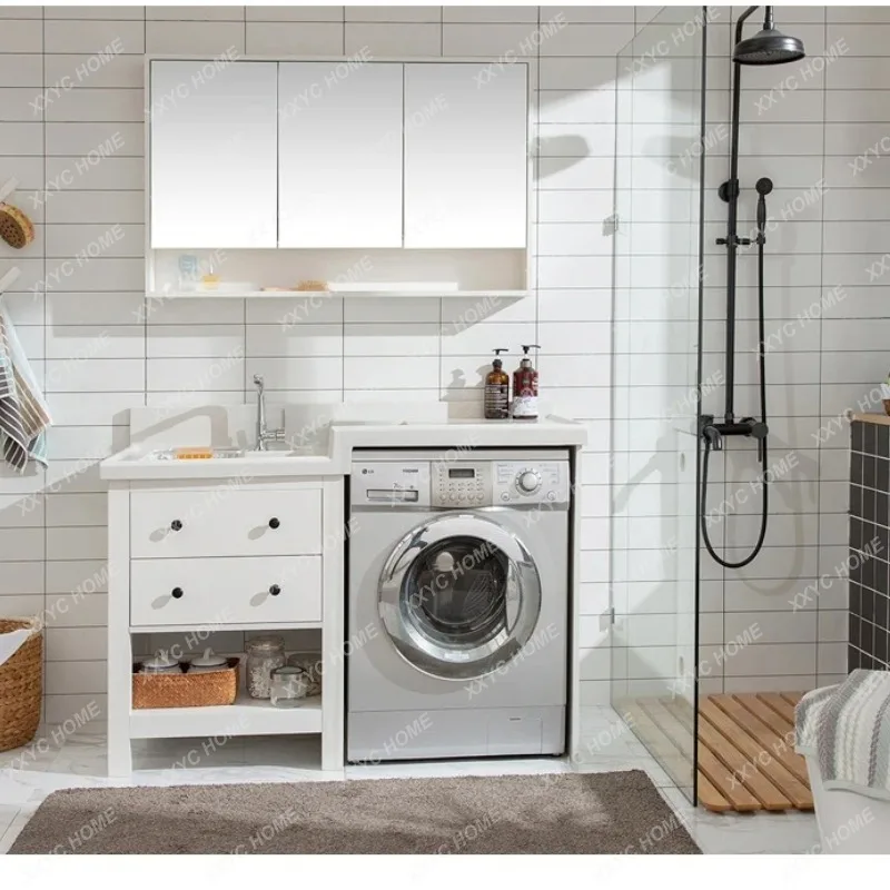 XX New solid wood laundry cabinet balcony combination significant other washing machine cabinet washbasin sink