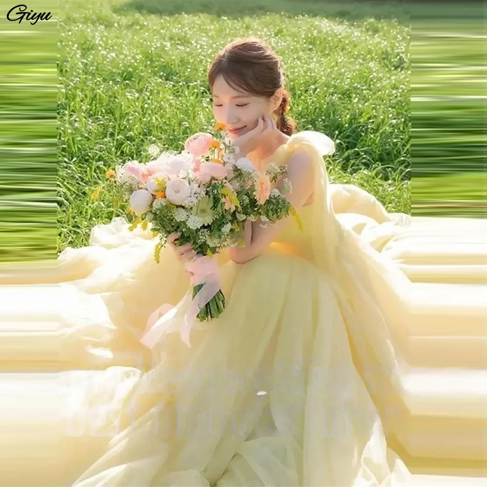 Giyu Princess Yellow A Line Soft Tulle Wedding Dresses Korea Photoshoot Straps Corset Back Sweep Train Evening Party Gowns Custo