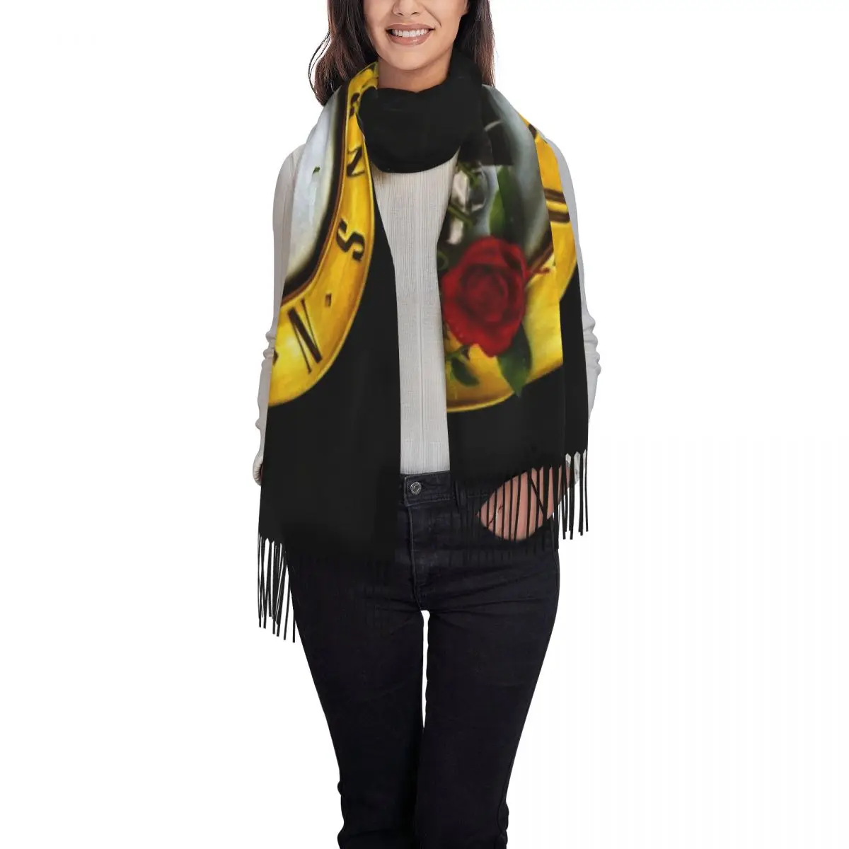 Lady Long Guns N Roses Bullet Logo Scarves Women Winter Fall Soft Warm Tassel Shawl Wraps Hard Rock Band Scarf