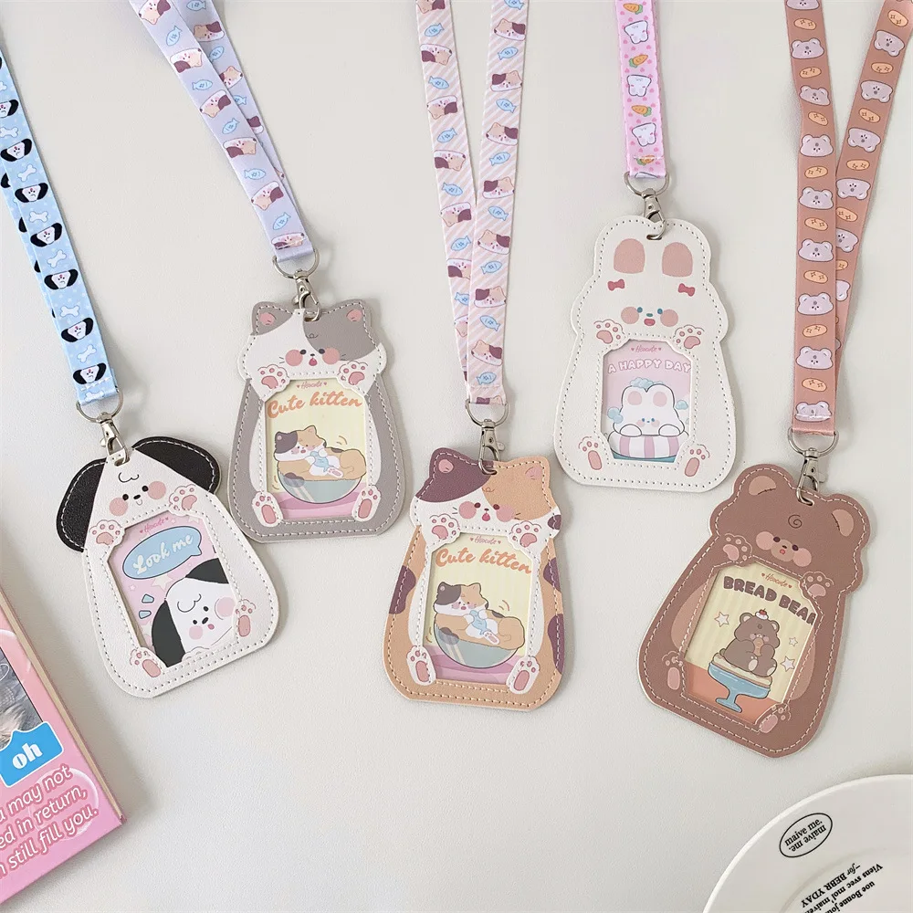 Cute Animal Pattern Badge Holder PU with Neck Lanyard ID Tag Work Pass Card Holder K-Pop Photo Display Card Sleeve