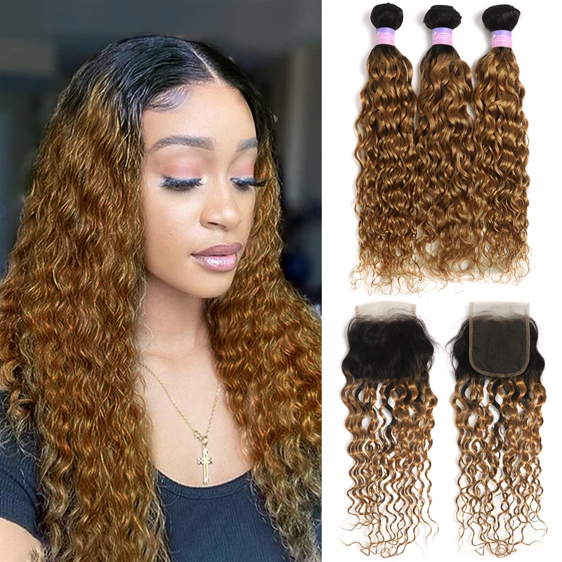 Water Wave Bundles With Closure Ombre Blonde Colored Human Hair Weave Extensions With Lace Closure Brazilian Remy Hair