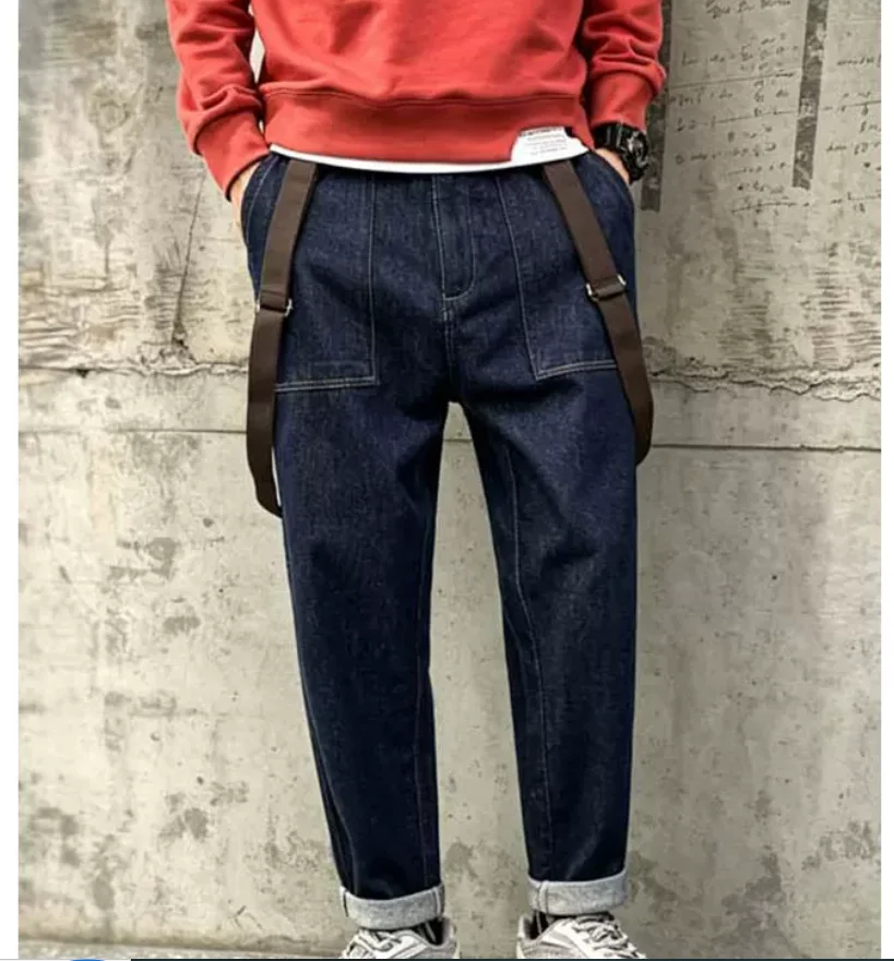 Autumn style American retro shoulder strap loose wide leg casual denim pants