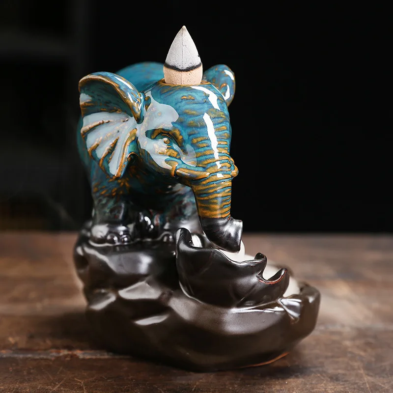 Ceramic Lotus Leaf Backflow Smoke Incense Burner High Mountain Flowing Elephant Backflow Incense Burner Home Decoration