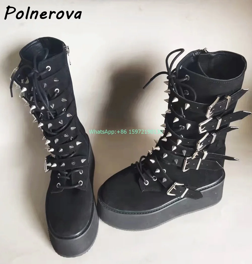 Rivet Buckle Belt Half Boots Solid Round Toe Thick Soled Platform Lace Up Zipper Y2K Boots Hotties Cool Street Photo Shoes